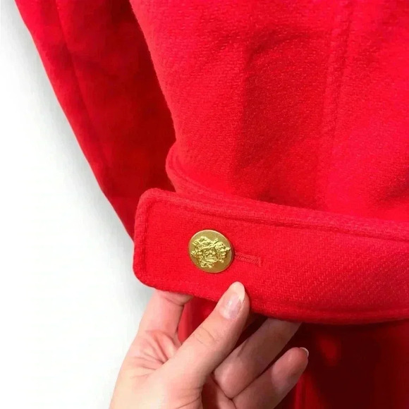 J. Crew Cherry Red Double Breasted Wool Majesty Gold Button Winter Pea Coat 6 - Picture 10 of 11
